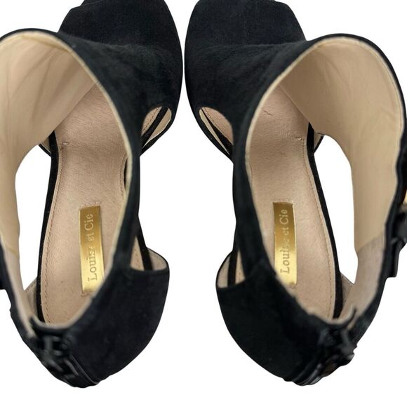 Louise Et Cie Olivia Peep-Toe High Heel Bootie 9 Black Suede Gold Evening Office - Picture 9 of 15